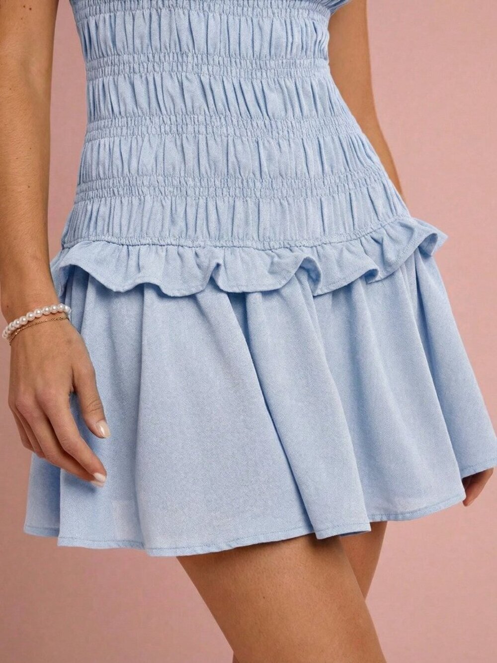 Baby Blue Elegant Women's Round Neck Ruffle Hem Casual Sleeveless Dress - Picture 4 of 5